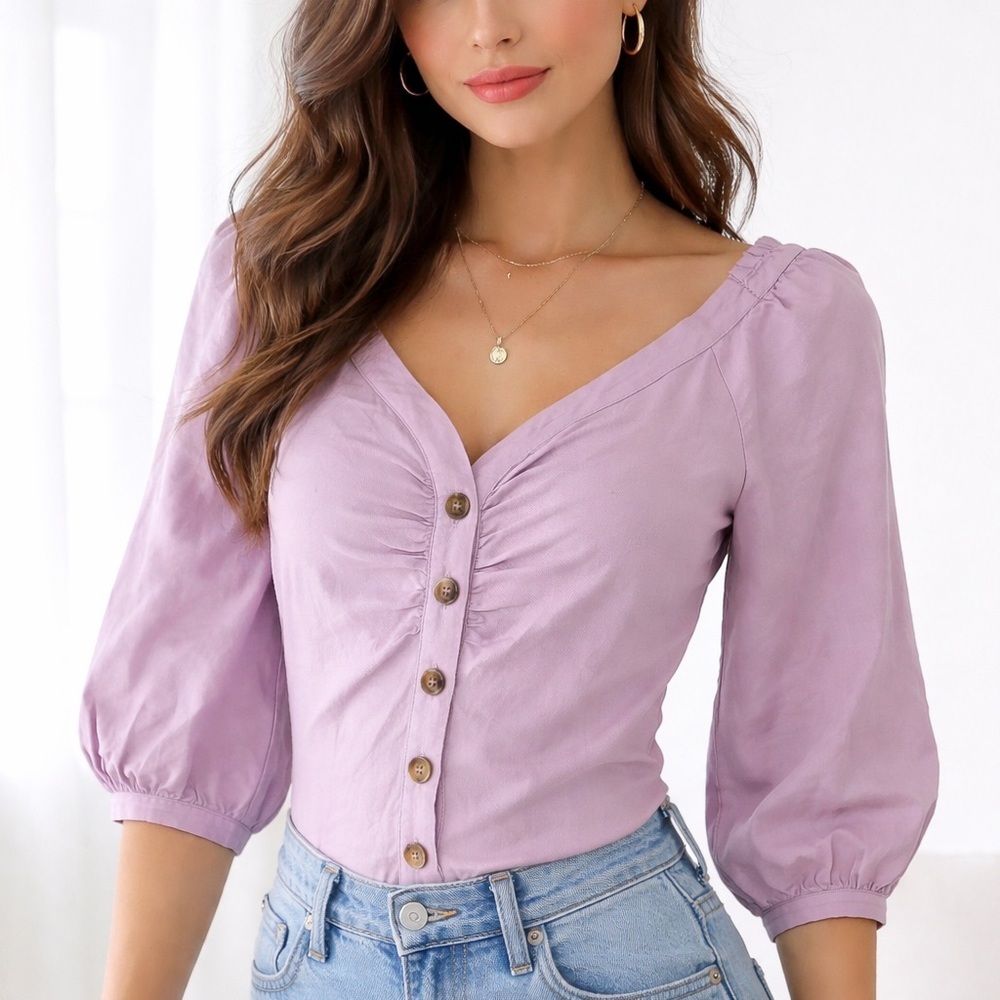 Anthropologie Lilac Button-Front Puff Sleeve Blouse